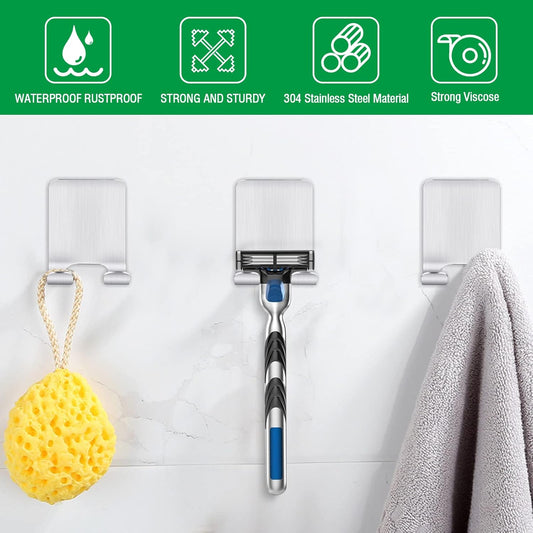 2 Stück Rasierer Halterung Dusche, Haken Selbstklebend Rasierhalter Dusche Edelstahl Klebehaken, Handtuchhaken Ohne Bohren, Badezimmer Haken Wandhaken Silber