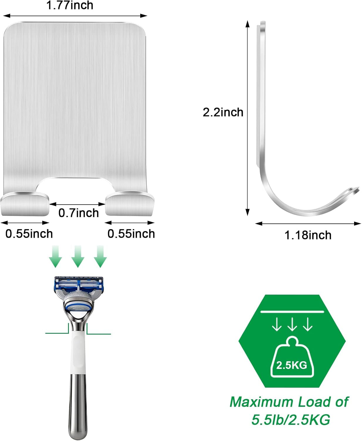 2 Stück Rasierer Halterung Dusche, Haken Selbstklebend Rasierhalter Dusche Edelstahl Klebehaken, Handtuchhaken Ohne Bohren, Badezimmer Haken Wandhaken Silber