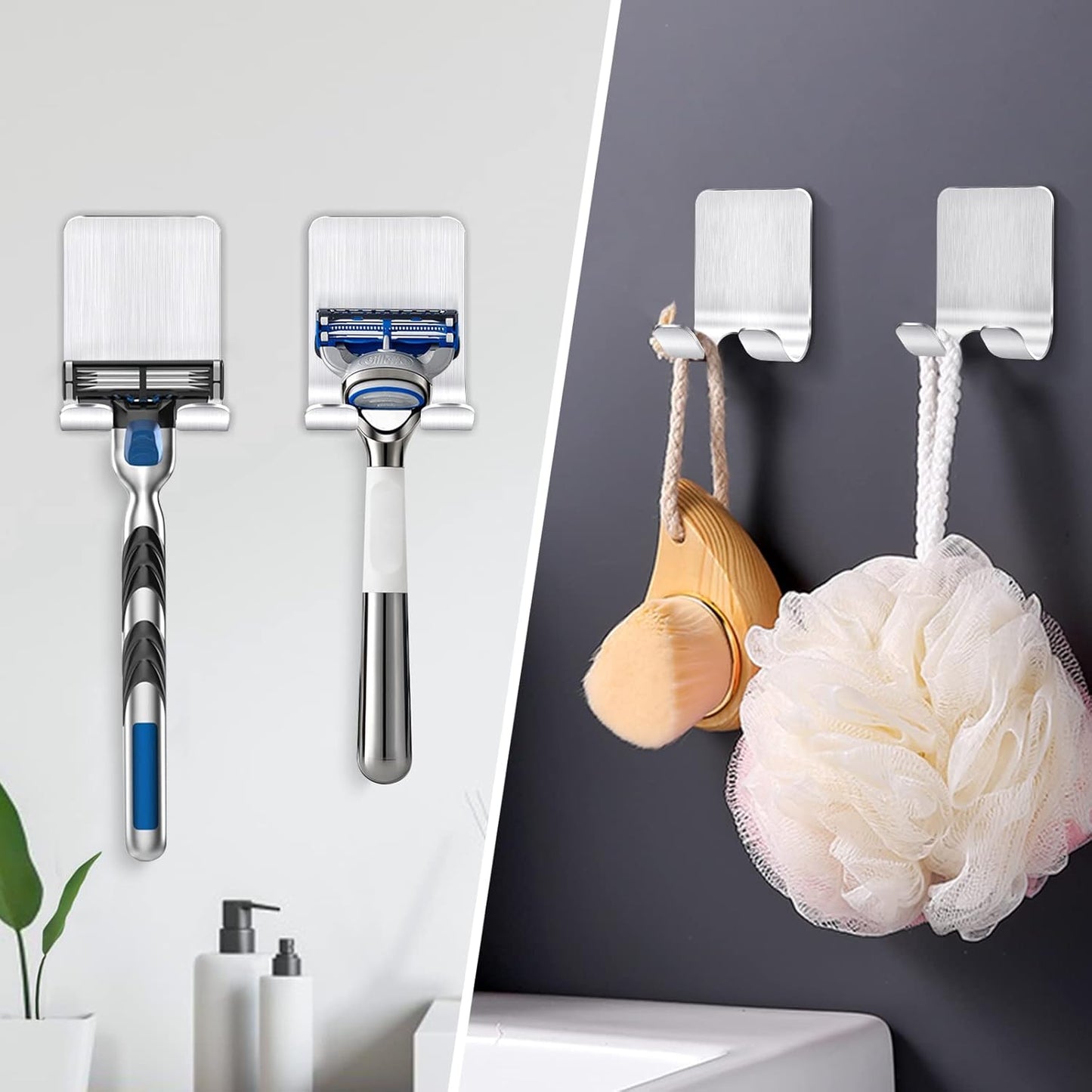 2 Stück Rasierer Halterung Dusche, Haken Selbstklebend Rasierhalter Dusche Edelstahl Klebehaken, Handtuchhaken Ohne Bohren, Badezimmer Haken Wandhaken Silber
