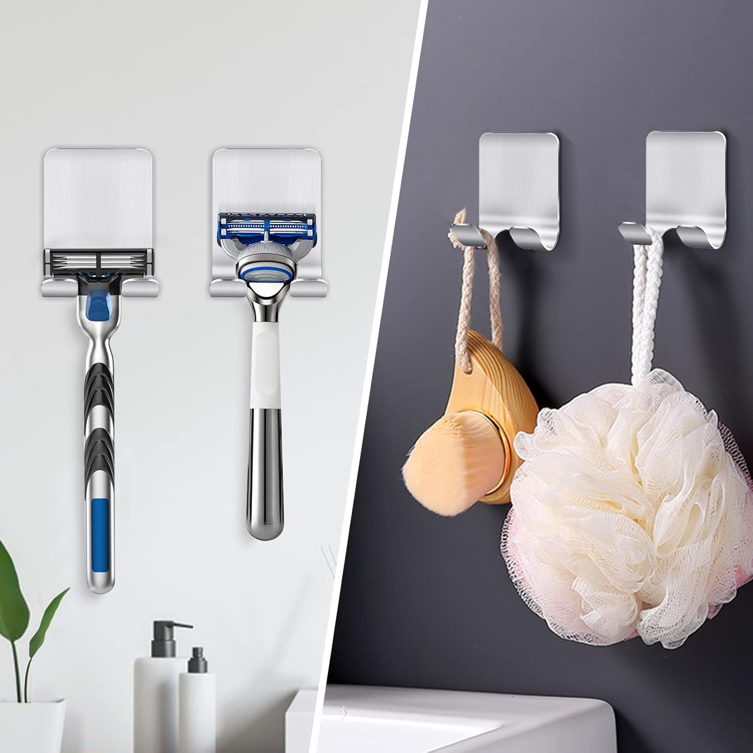 2 Stück Rasierer Halterung Dusche, Haken Selbstklebend Rasierhalter Dusche Edelstahl Klebehaken, Handtuchhaken Ohne Bohren, Badezimmer Haken Wandhaken Silber