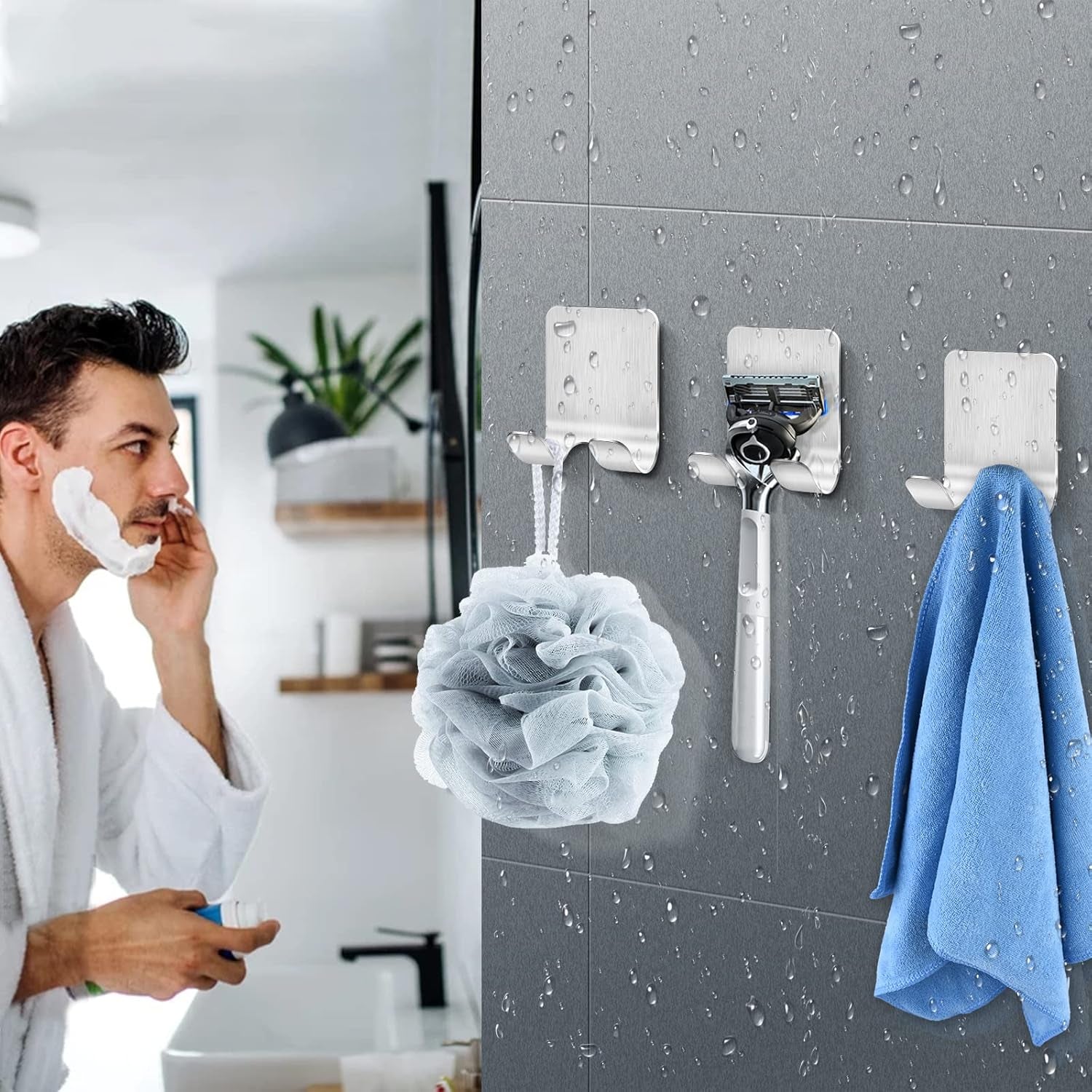 2 Stück Rasierer Halterung Dusche, Haken Selbstklebend Rasierhalter Dusche Edelstahl Klebehaken, Handtuchhaken Ohne Bohren, Badezimmer Haken Wandhaken Silber
